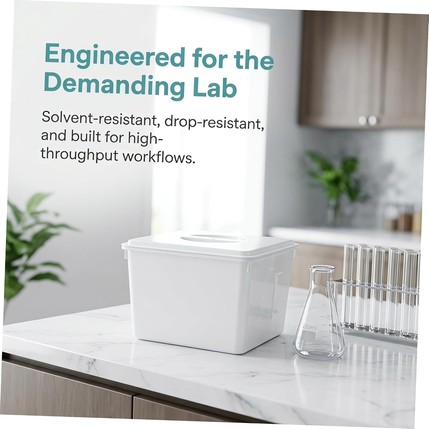 White Plastic Soaking Bin for Test Tubes and Sample Vials with Removable Lid, Deep Immersion Design for Efficient Cleaning in Laboratory High-frequency Cleaning Cycles
