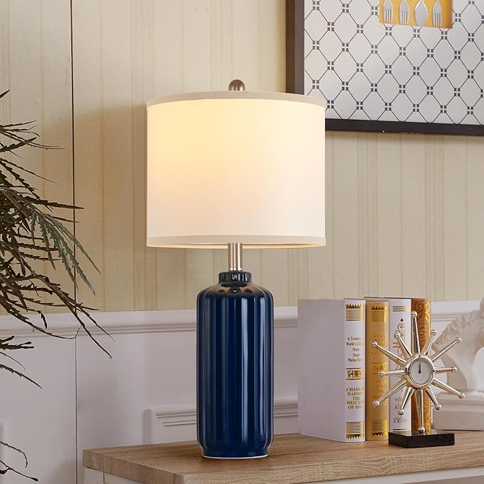 Liyicha Lamp for Living Room Bedroom Lamps Farmhouse Table Lamps Set of 2 Vertical Stripe Ceramic Table Lamp,Linen Shade with Bulb, 25 in High,Navy Blue photo 5