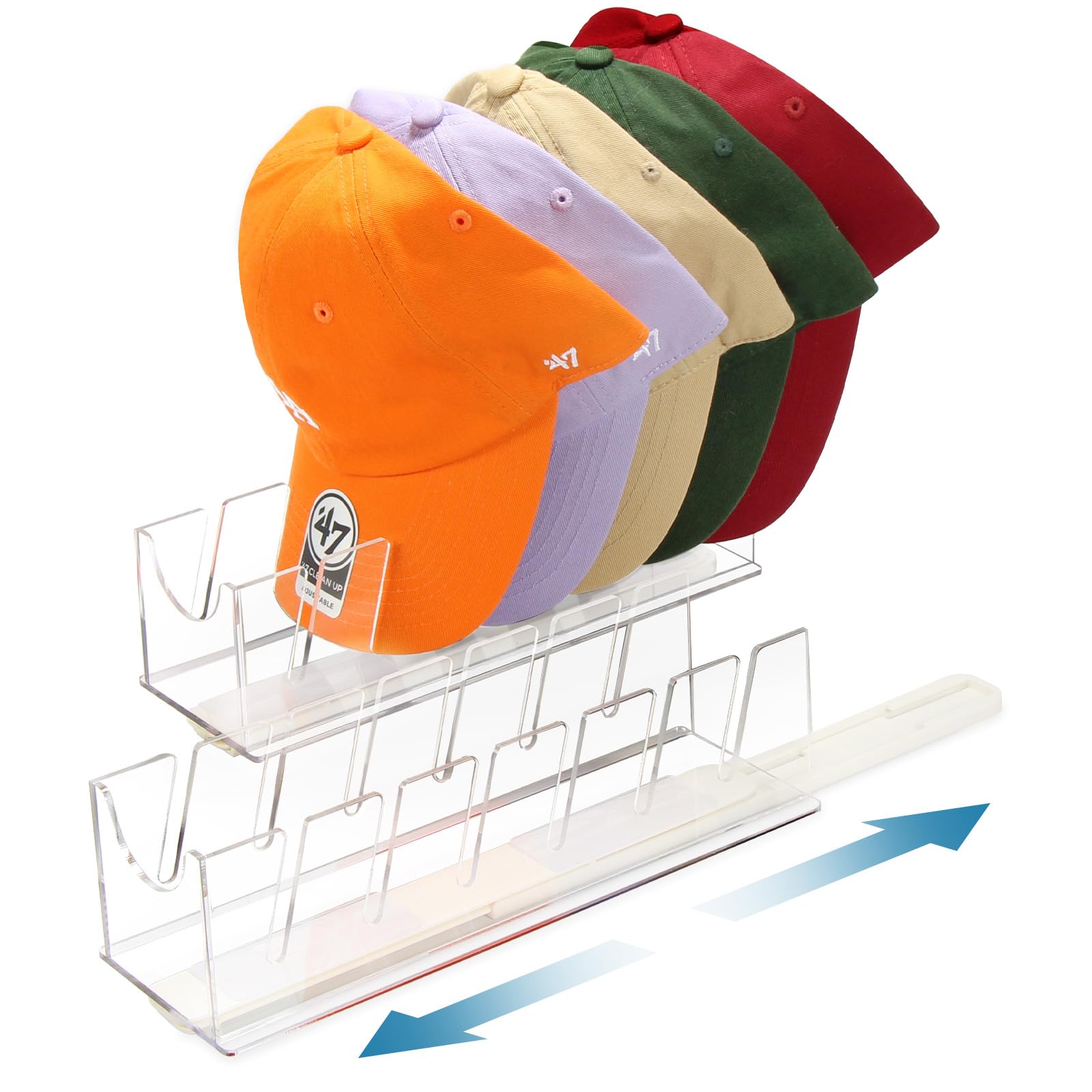 TIPSYTREE Hat Organizer for Baseball Caps, 2 Pack Acrylic Hat Organizer for Baseball Caps with Slide Rail, Hat Rack for Baseball Hats for Closet, Hat Storage Holder for Dresser (clear)