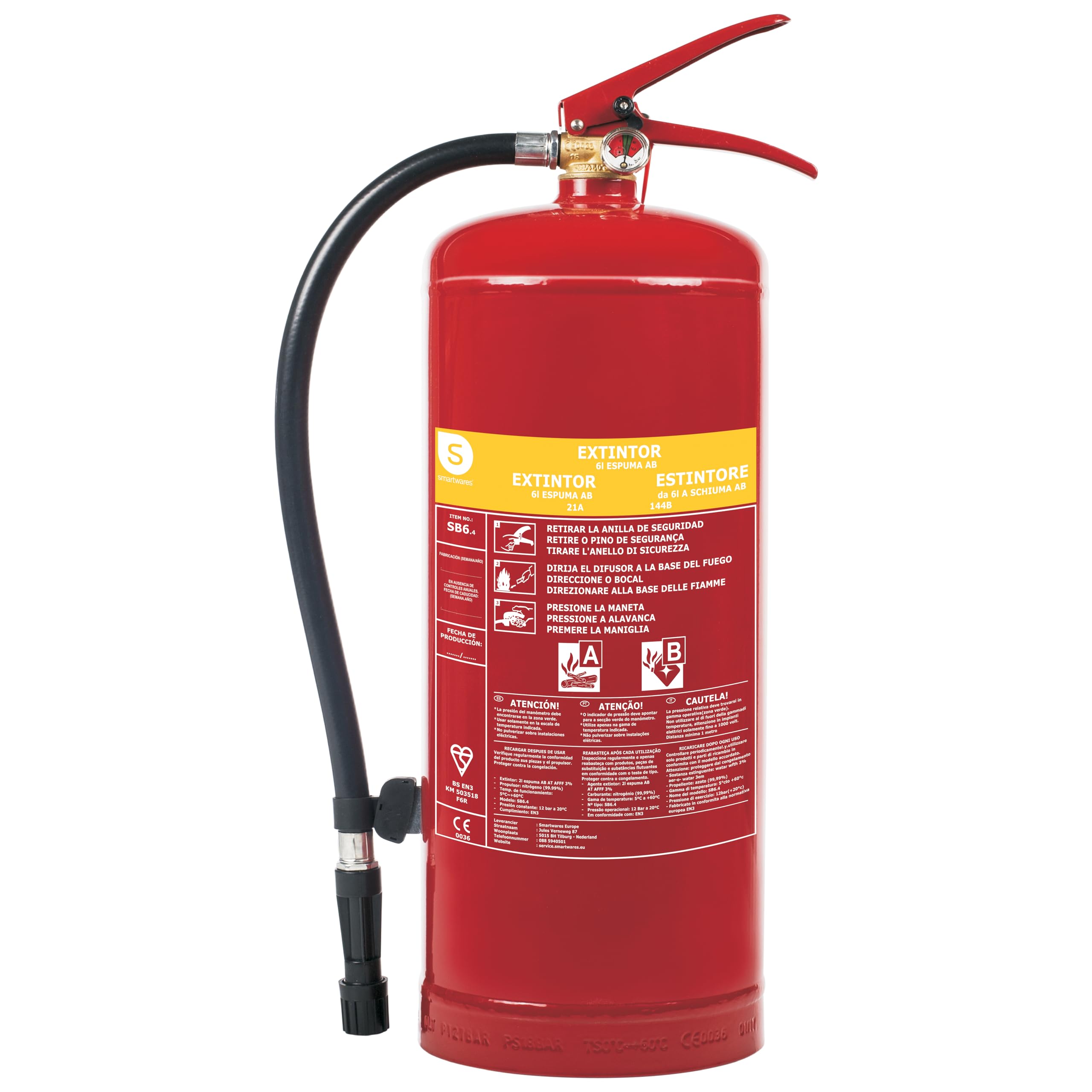 Smartwares Red Foam Fire Extinguisher, 6L, Ab, Including Bracket, Bsi Certified, Fex-15262