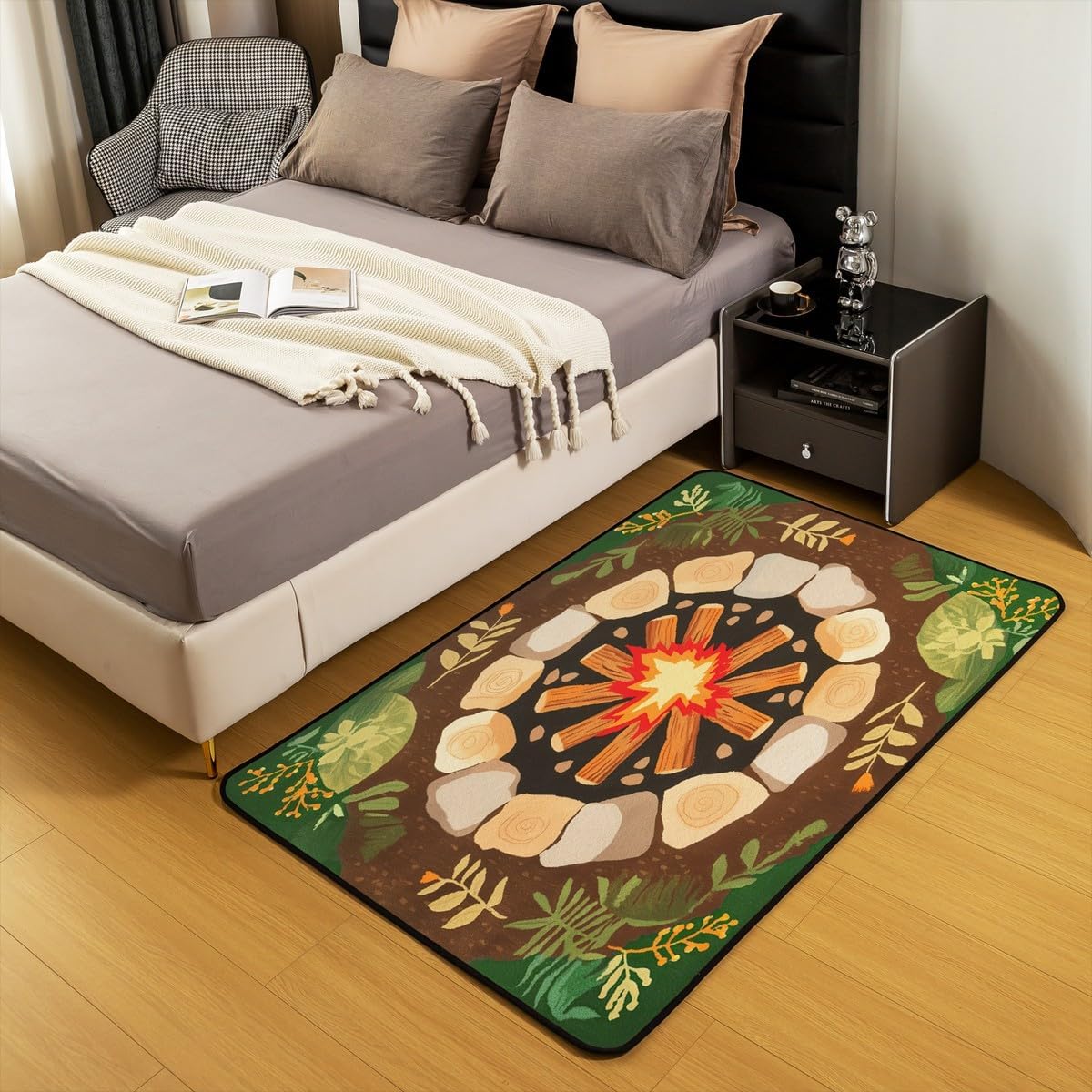 Feelyou Campfire Play Area Rug 3x5 Tree Stump Living Room Rugs for Boys Girls Teens Decor Cartoon Stones Decorative Carpet Woodland Tree Themed Indoor Floor Mat Non-Slip