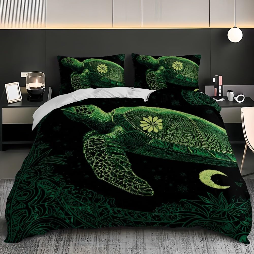 Pościel 180 x 200 cm, zestaw pościeli z motywem żółwia, 100% mikrofibra, nie wymaga prasowania i nie gniecie się, można prać w pralce, zielona pościel dwustronna, z poszewką na poduszkę 80 x 80 cm