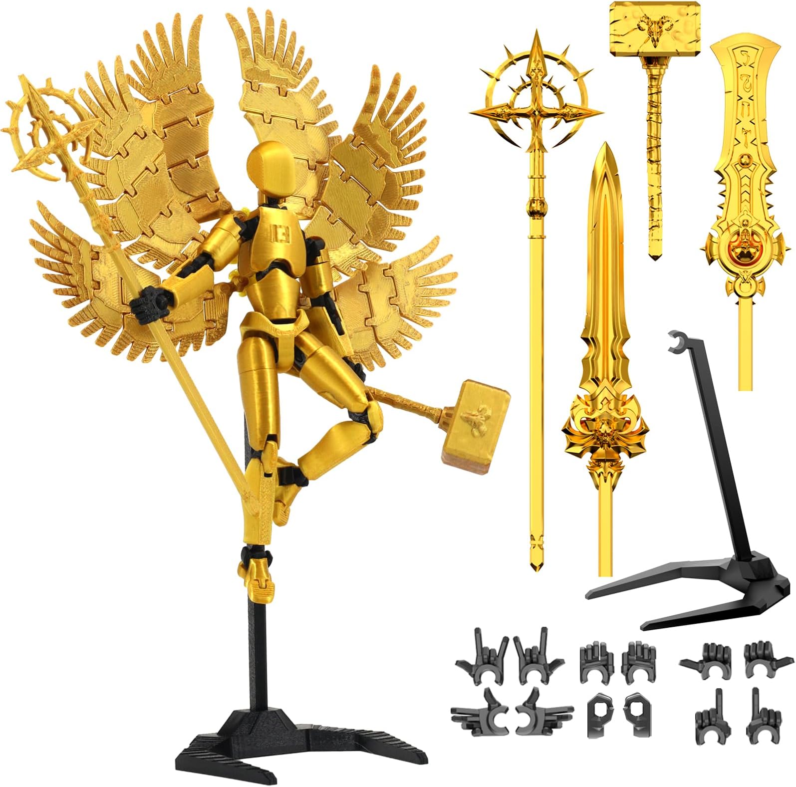 - Qoopower (Assembly Completed) 3D Printed Titan 13 Action Figure 5.54-inch T Dummy Lucky Robot 13 Action Figure with 9 Types of Weapons and 5 Types of Hands, (Golden)