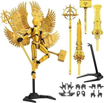 Qoopower Assembly Completed 3D Printed Titan 13 Action Figure 5.54-inch T Dummy Lucky Robot 13 Action Figure with 9 Types of Weapons and 5 Types of Hands, Golden