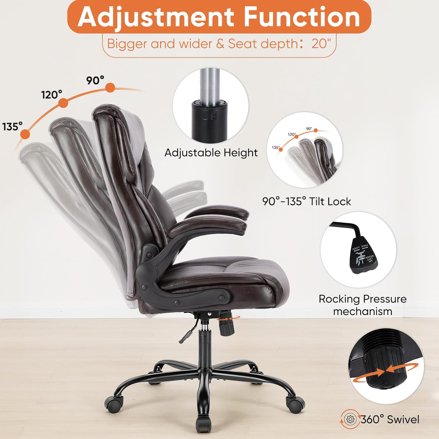 Sweetcrispy Computer Gaming Chair, Ergonomic High Back Heavy Duty Task Desk Office Chairs with Wheels, Flip-up Arms, Adjustable Height, PU Leather,Dark Brown - Image 5