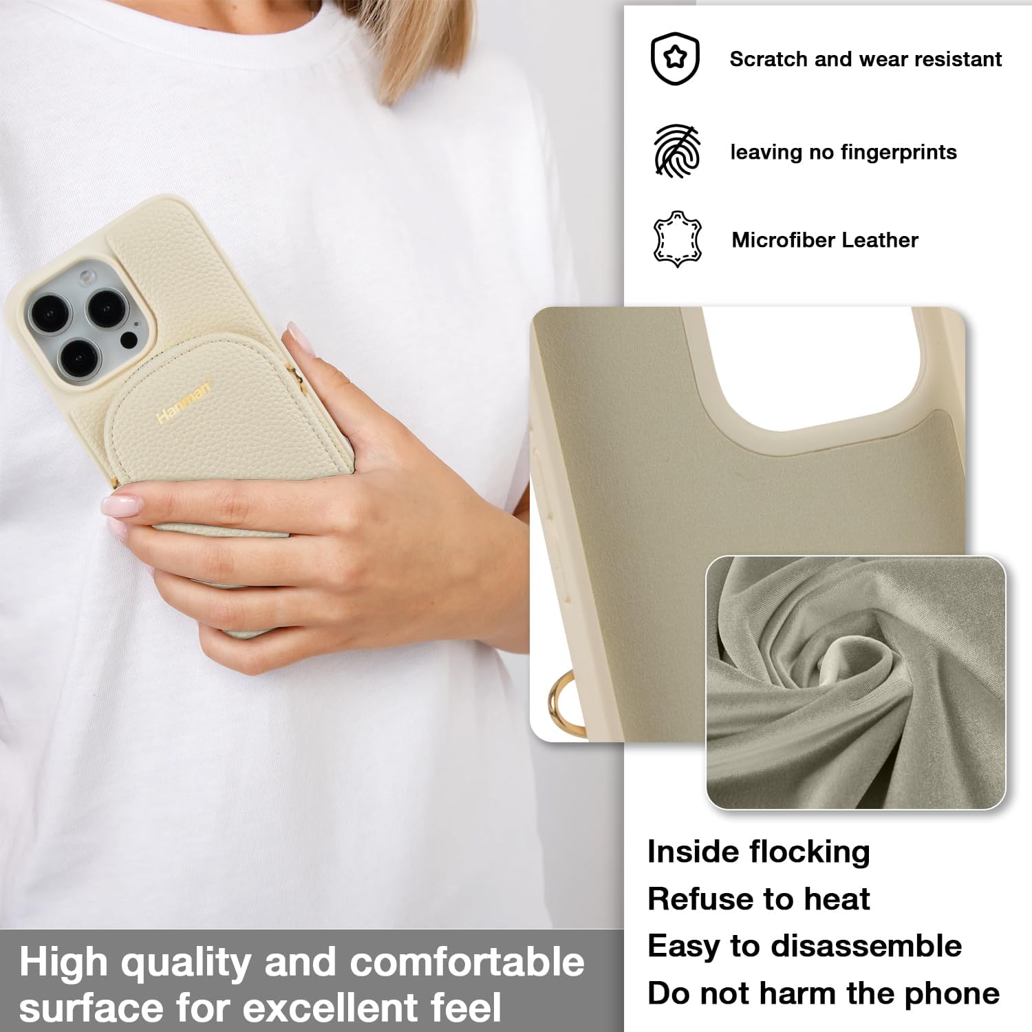 Hanman Crossbody Wallet Case for iPhone 16 Pro Max,RFID Blocking PU Leather Zipper Handbag Purse Cover Suitable for iPhone 16 Pro Max,Leather Wallet Case for Woman & Girls-Beige - Image 2