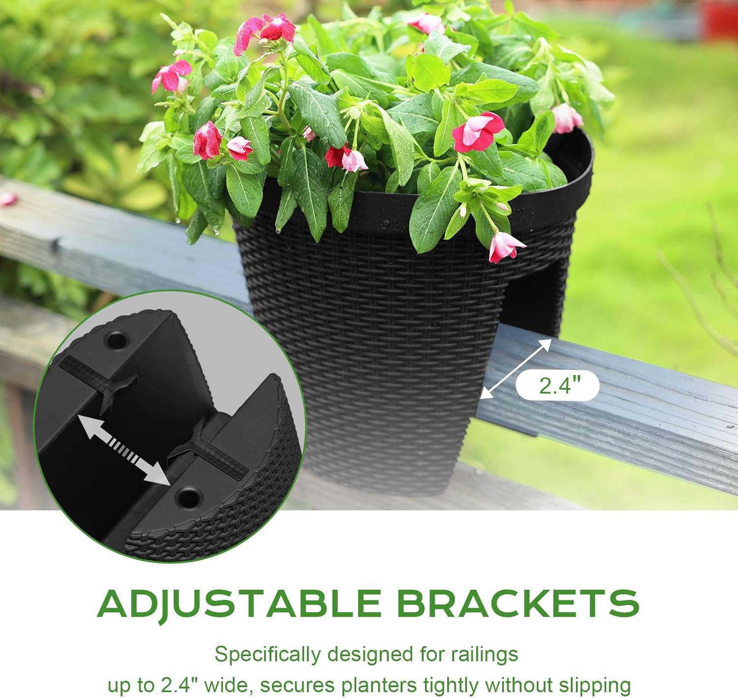 BPS Deck Railing Planter Boxes Set of 4, 12 inch Round Outdoor Planters with Adjustable Brackets for Patio, Balcony, Fence