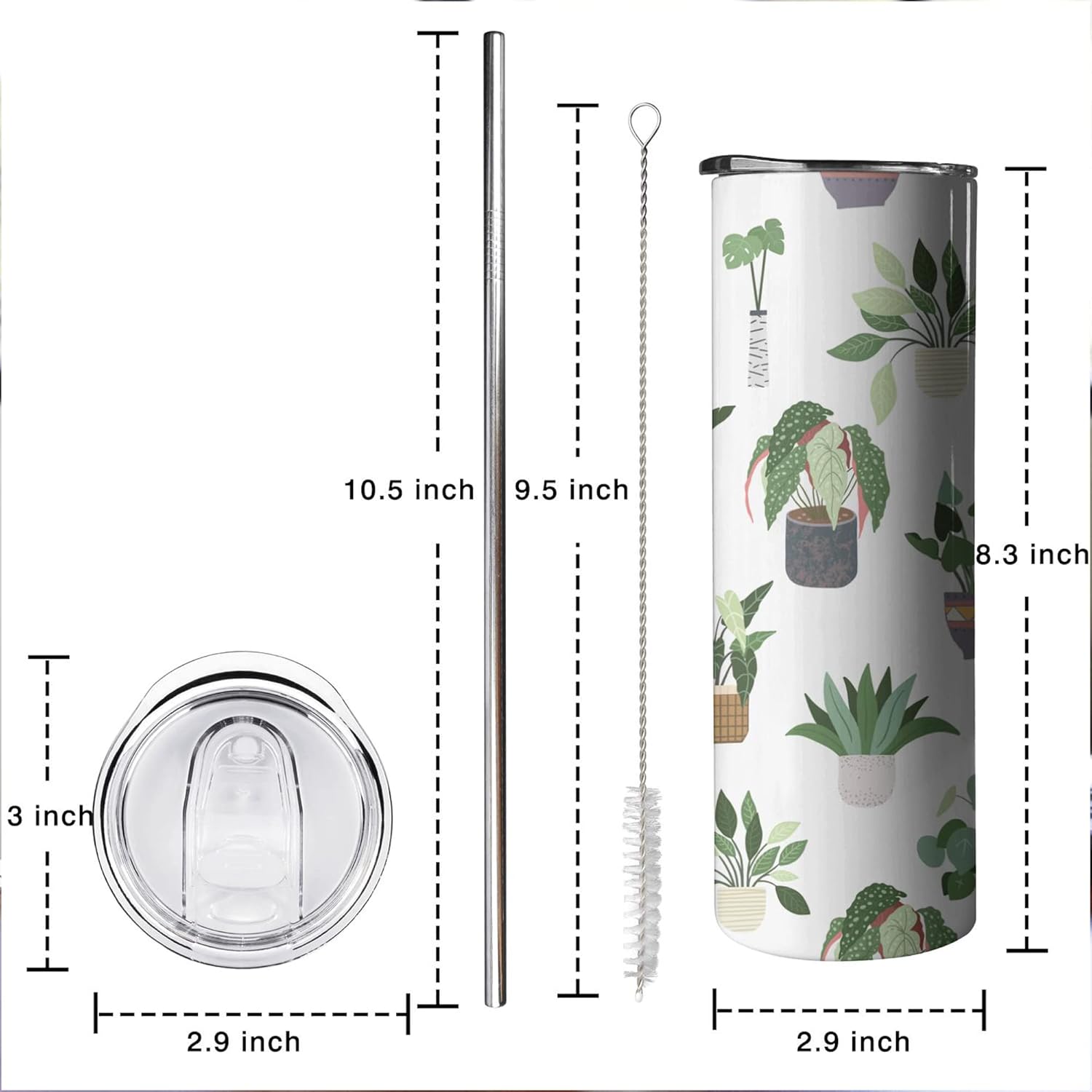 Plant Print Skinny Tumbler With Lid and Straw - 20 oz Insulated Stainless Steel pot plant Travel Cup - Double Wall Coffee Mug - Birthday Gifts for Mom, Sister, Friends, Women - Image 3