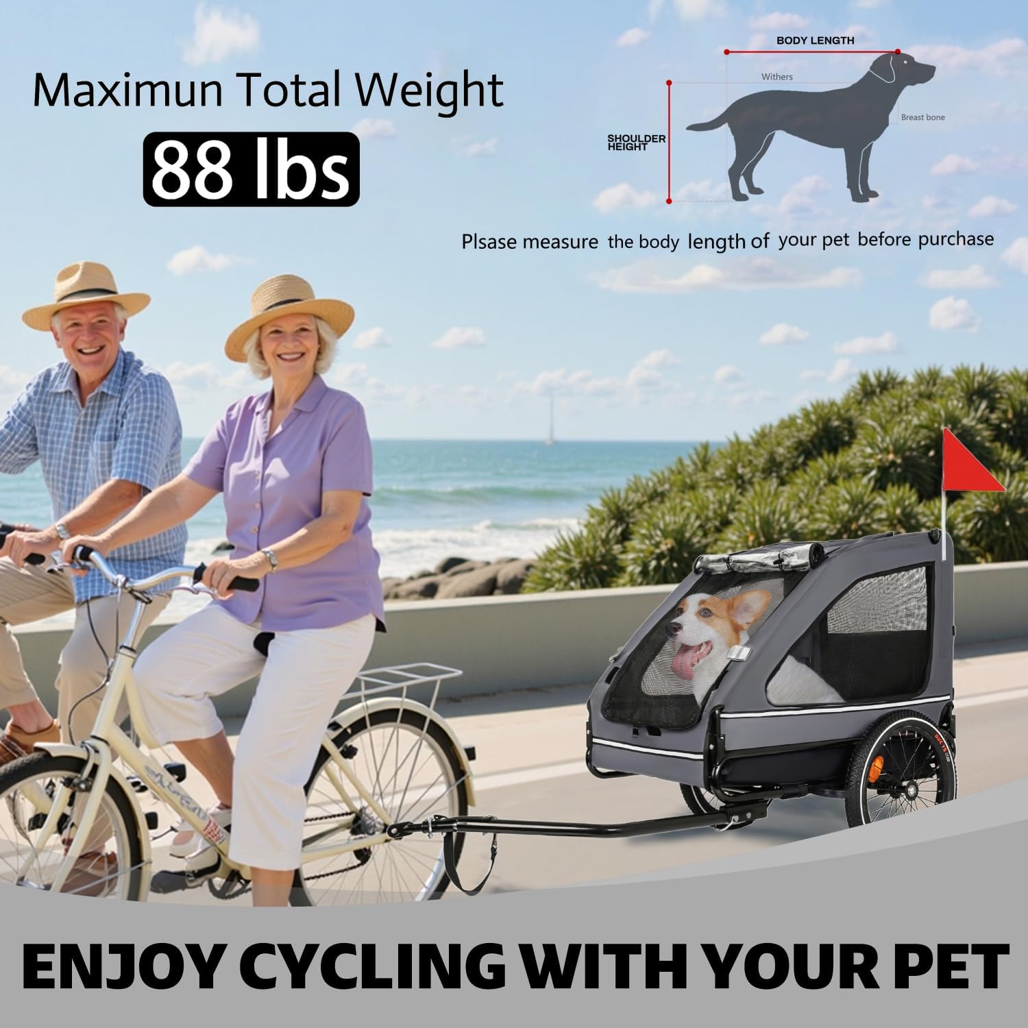Pet Bike Trailer Dog Cart Steel Black+Grey Stable Structure Outdoor Use Durable