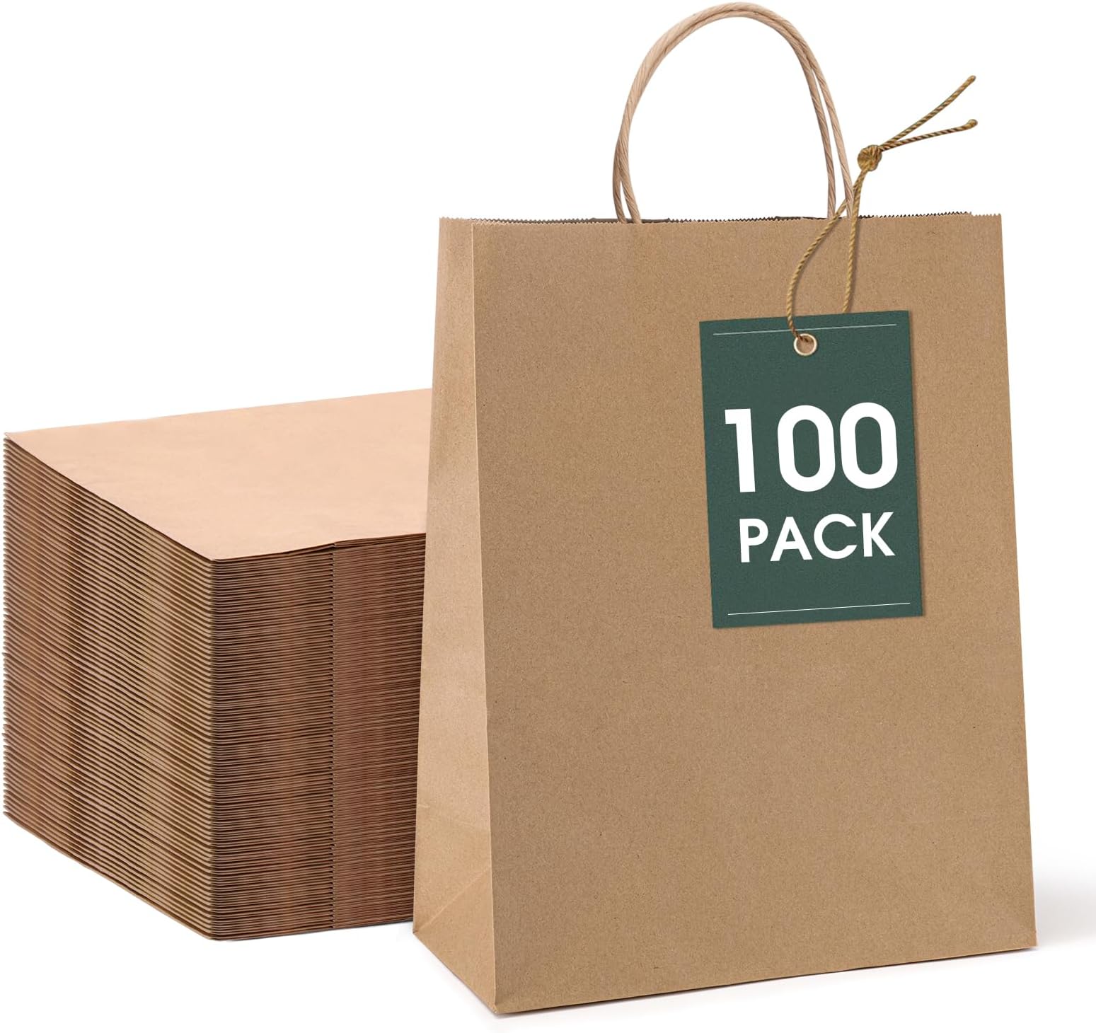 GSSUSA 10x5x13 100Pcs Brown Paper Bags with Handles, Bulk Shopping Grocery Paper Bags, Party Favor, Retail, Small Business, Packaging, Merchandise, Boutique, Wedding