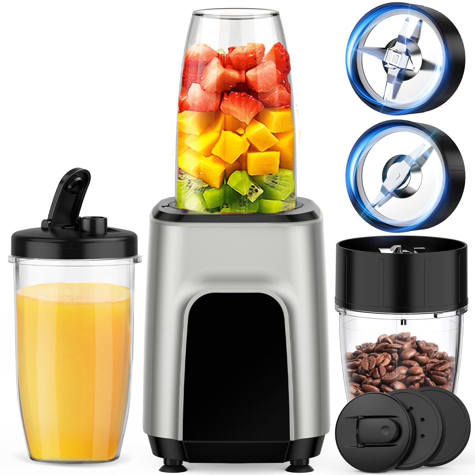 Batidora de batidos, licuadora personal de 900 W y molinillo combinado para batidos y batidos con 3 vasos portátiles sin BPA para frijoles, nueces