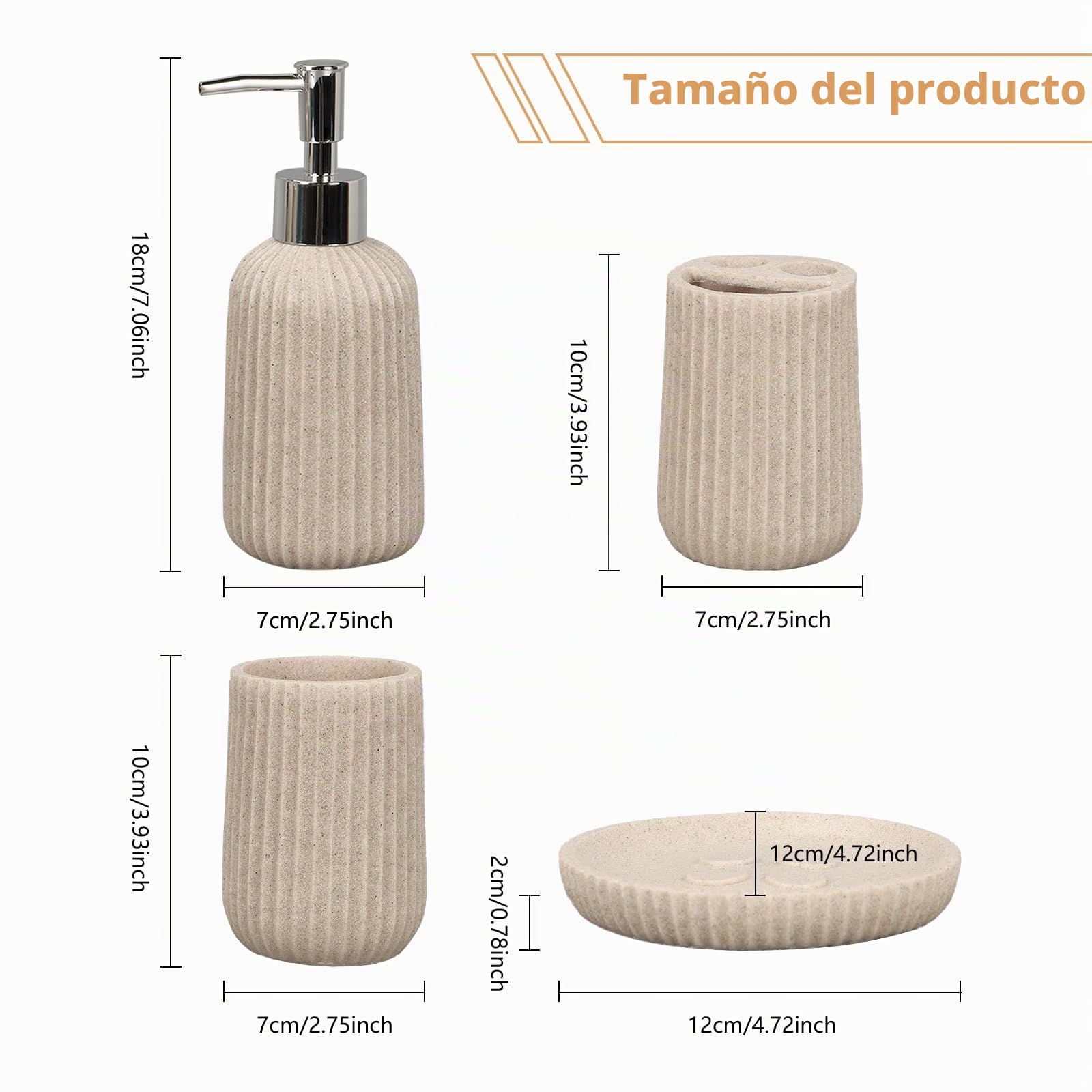 Tefola Juego de Baño de Resina de - 4 Piezas - Botella de Loción de 250 ml, Vaso para Enjuague Bucal, Soporte para Cepillo de Dientes, Jabonera - Juego de Accesorios de Baño - Beige