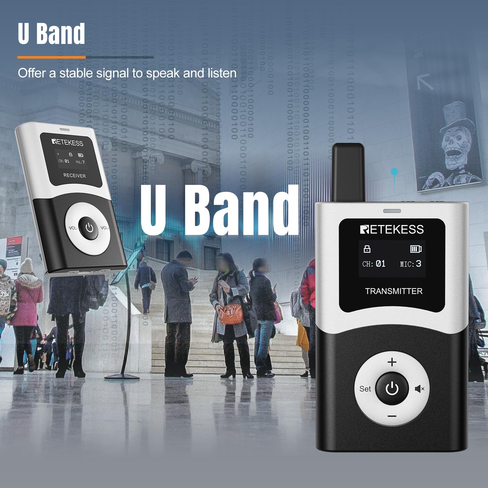 Retekess T130U - Sistema di guida turistica wireless, cuffie con auricolare universale da 3,5 mm per orecchio sinistro e destro, dispositivi di trasmissione audio per viaggi