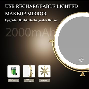 Rechargeable Wall Mounted Lighted Makeup Vanity Mirror 8 Inch Double Sided 1X 10X Magnifying Bathroom Mirror, 3 Color Lighting, Touch Screen Dimming, 360 Rotation Shaving Mirror