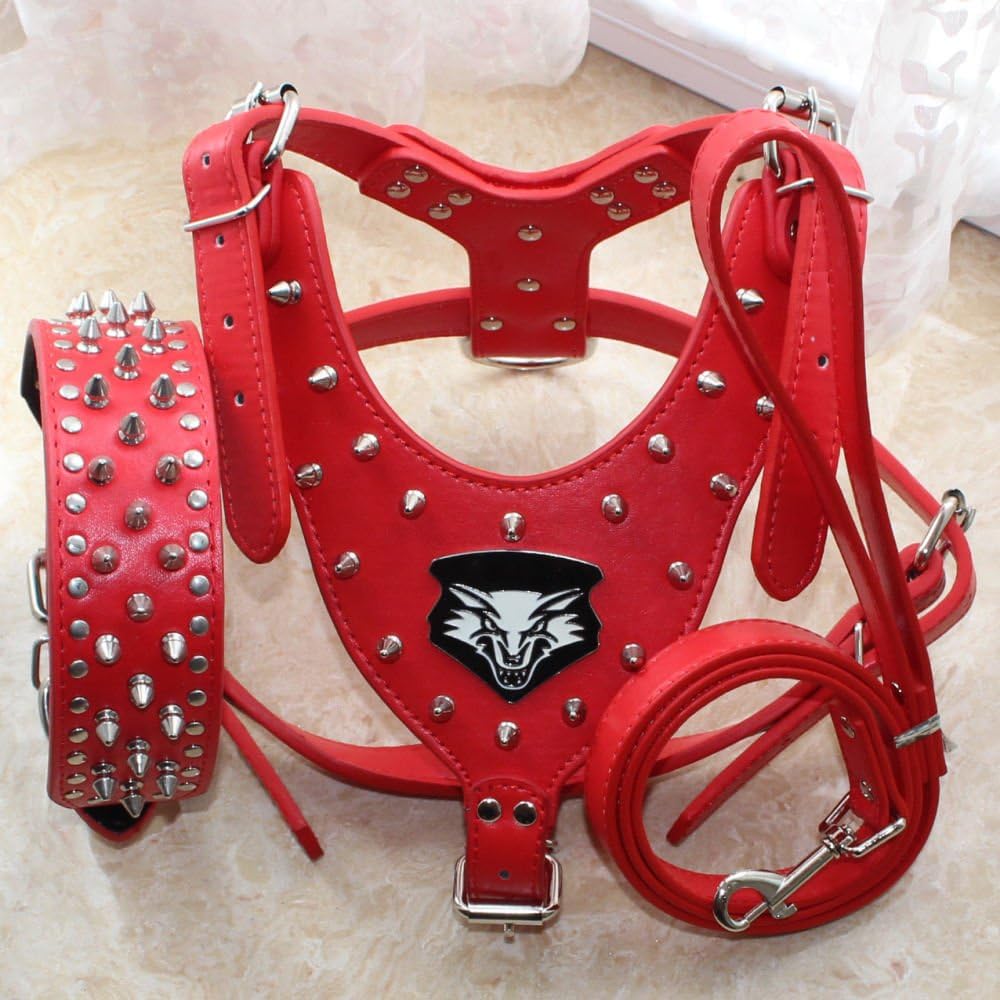 Leather Spiked Studded Dog Harness&Collar&Leash Set
