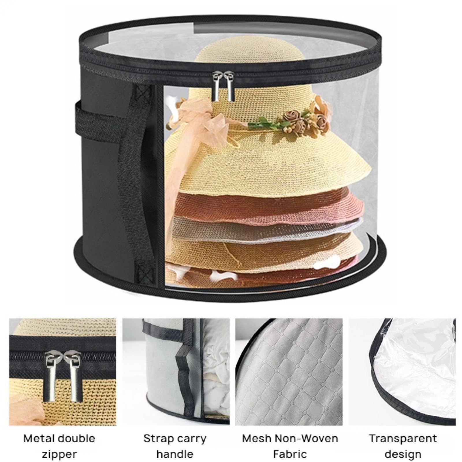 Uptiar Oversized Clear Hat Box Storage Bag, Foldable Hat Case with Zipper & Handle, Cowboy Hat Travel Storage Case, Large Capacity Hat Organizer for Travel & Storage (Black)