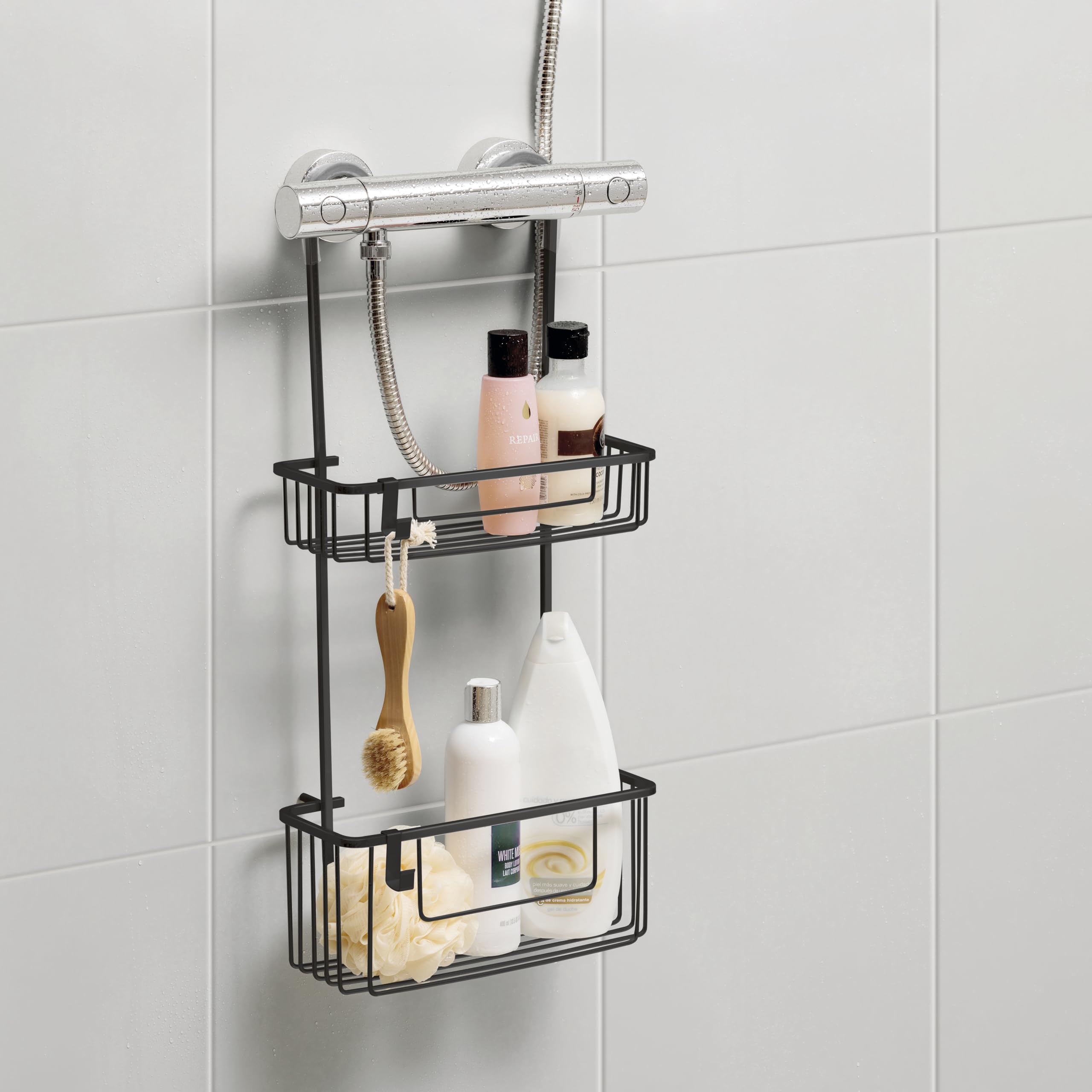 TATAY Porta Sapone per Doccia Appendino Doccia a 2 Livelli in Alluminio | Resiste Umidità e Corrosione | Supporta 8 kg | Installazione Facile Senza Fori | Design Moderno | 28 x 15,5 x 56 cm – Nero