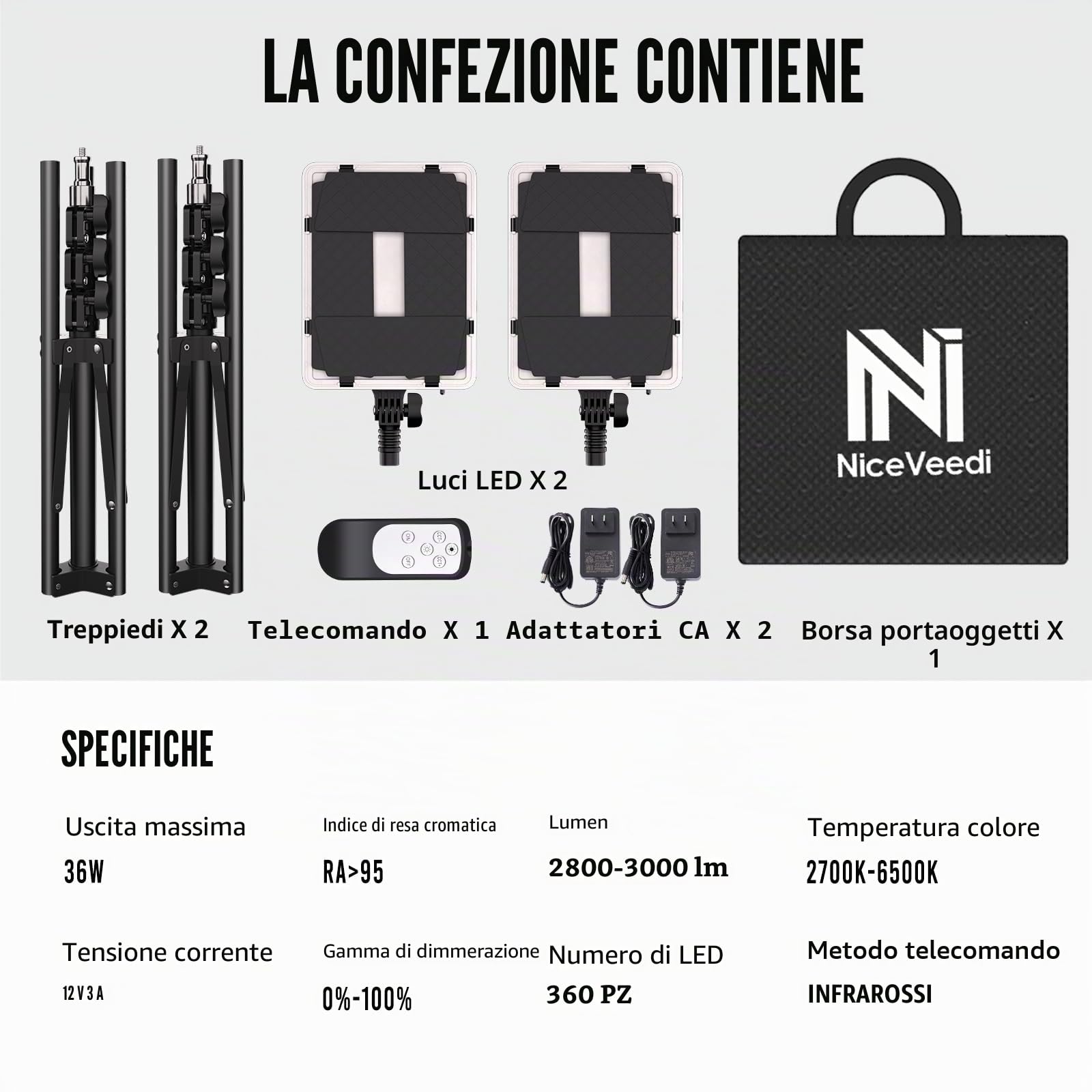 Niceveedi Illuminazione Fotografica, 2 Luci Da Studio Bicolore 2700-6500K 36W Kit Luce Video Led Dimmerabile Per Streaming Video/Giochi/Ritratti Con Camera, Luci Cri 95+ &Telecomando e 183cm Treppiede