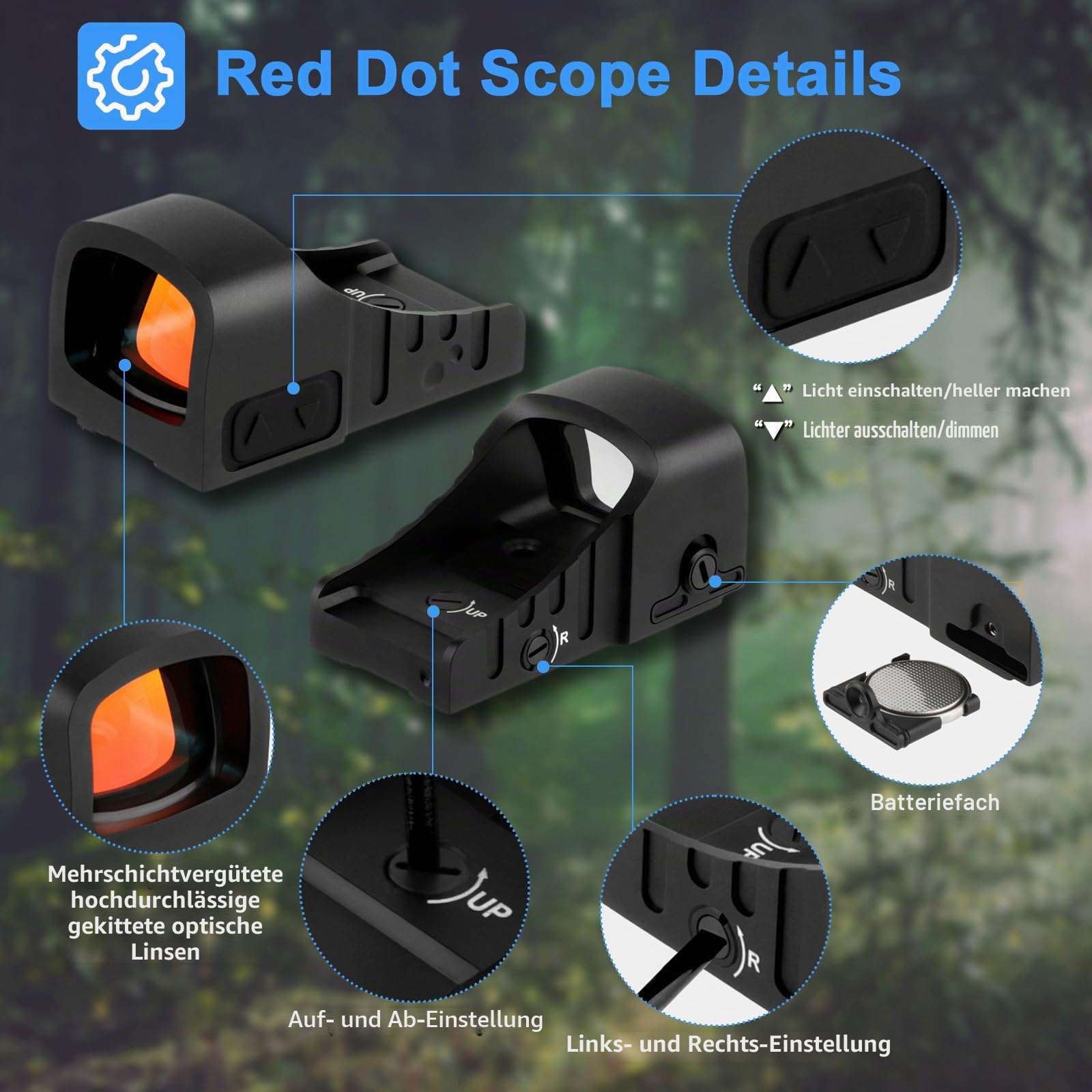 21 x 16 mm Rotpunktvisier, Unteres 1/3 Co-Witness Shake Awake GK MOS Red Dot Visier, 3 MOA Rotpunkt Zielfernrohr mit 10 Ebenen Absehen