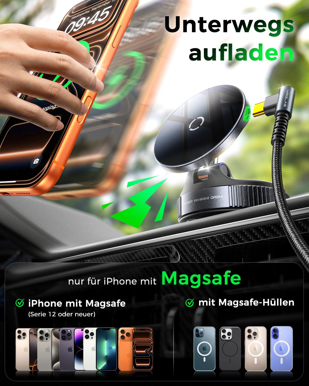 MRGLAS 15W Vakuum Magnetische Handyhalterung mit Ladefunktion,360° Verstellbarer Saugnapf Handy Halterung Magsafe Ladegerät Kfz-Handyhalterung Wireless Charger Auto Zubehör für iPhone 17/16/15/14/13