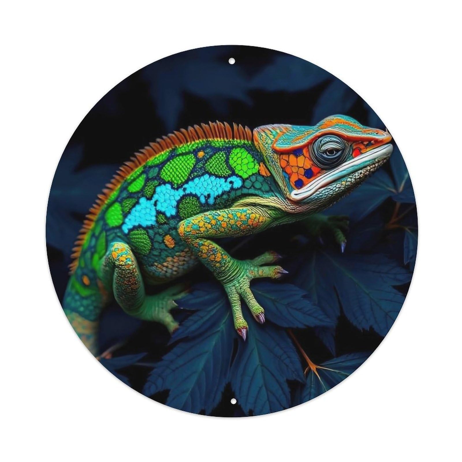 Cwbufd Vintage Style Animal Chameleon Vibrant Scales Tropical Leaves Blue Fantasy Artwork Vintage Metal Tin Sign Plaque Wall Decor For Cafe, Club Bar, Office, Garden Metal Poster 8X8inch