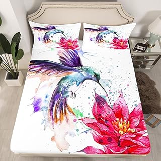 Hummingbird Fitted Bed Sheets Red Lotus Fitted Sheet for Boys Girls Child Kids Colorful Tie Dye Bedding Sets,Vintage Abstract Art Design Fitted Sheets Flowers Rustic Style Bedding, Queen Size
