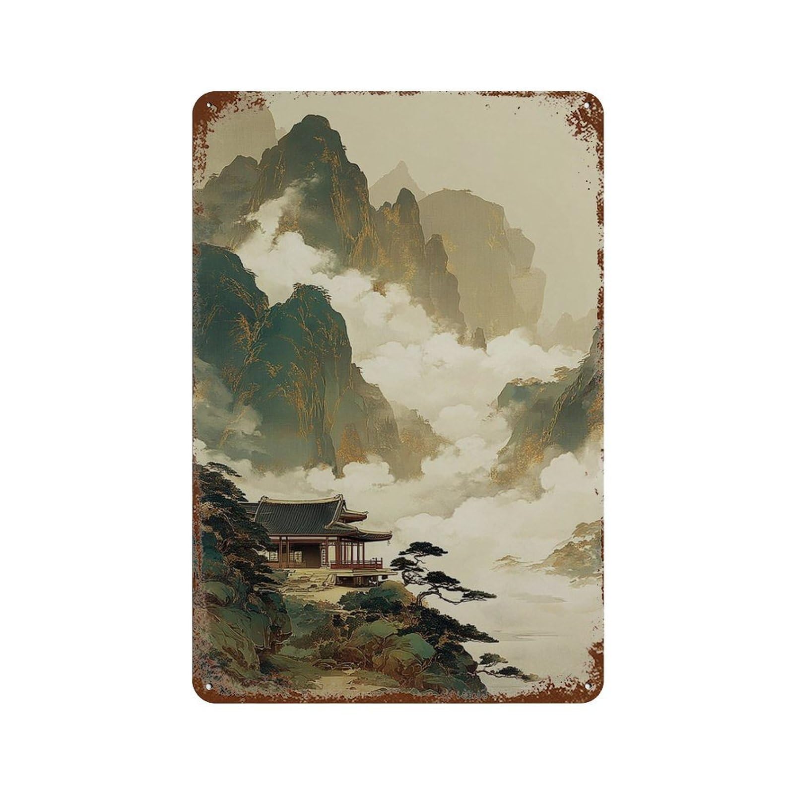 xiaoxiaoshen Japanese Mountain Temple Zen Landscape Ink Wash Style Oriental Nature Scenery Tr Wall Decor Art Metal Tin Poster Modern Home Decor Art Home Bar Shop Decorations Vintage Sign 30x20cm