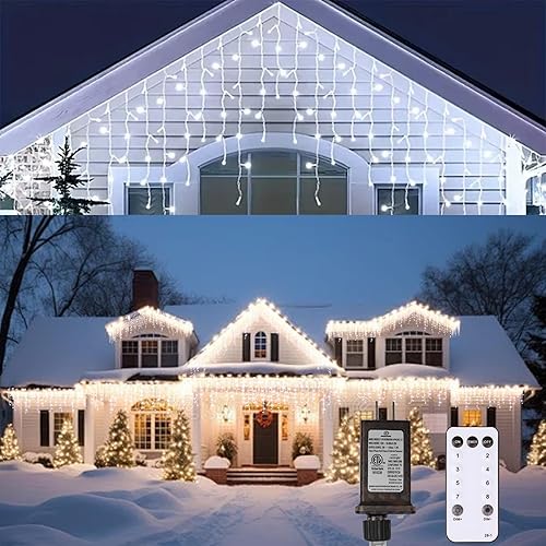 Miniatura 18 de Luces LED de Carámbano de Navidad para Exteriores, 624 LED 18m (59 pies) 8 Modos con 96 Gotas Luces de Carámbano Blanco Cálido, Guirnalda de Luces