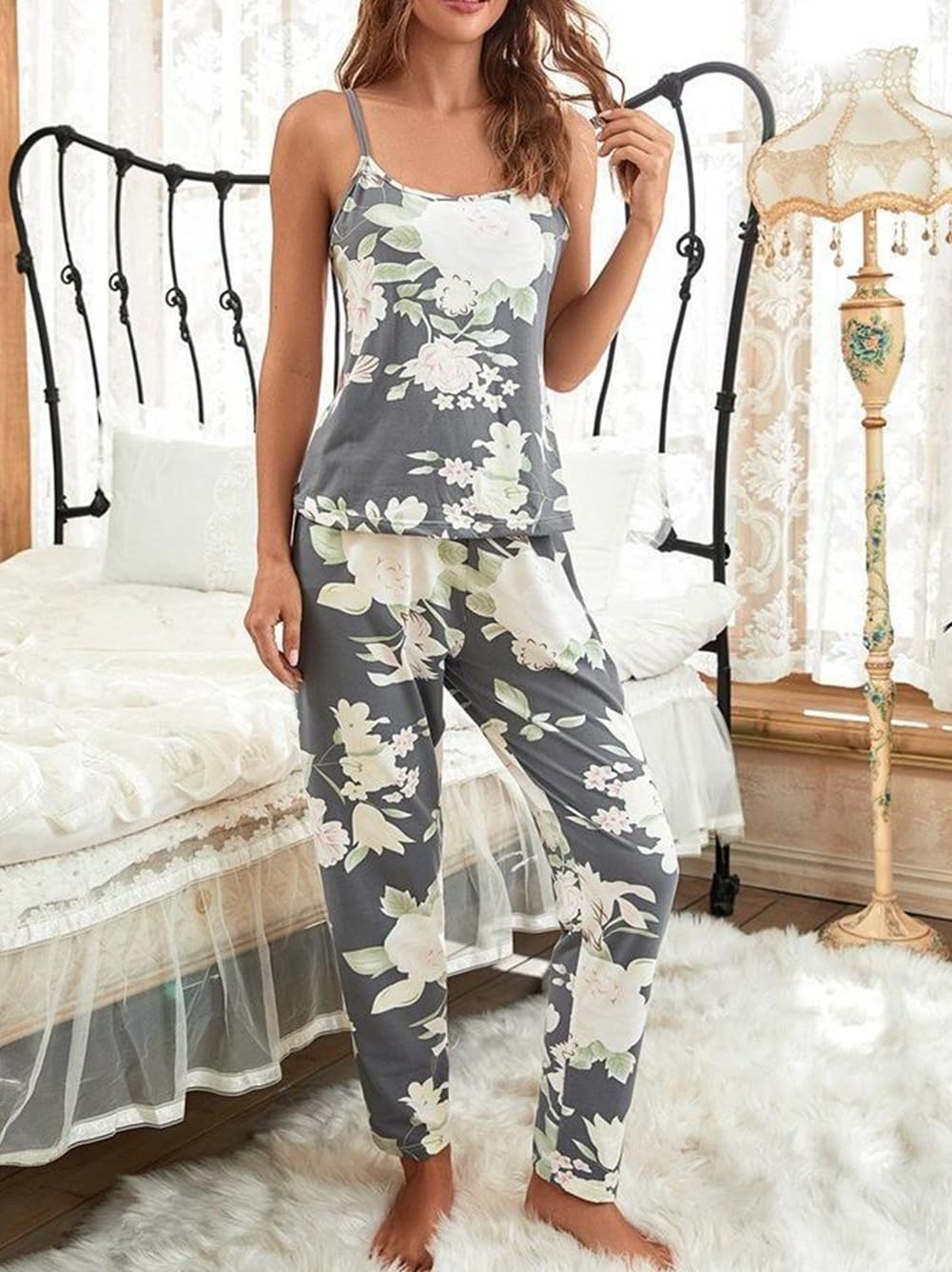 Ensemble de pyjama 3 pièces pour femme Imprimé floral Doux Vêtements d'intérieur Robe à manches longues Vêtement de détente Pantalon long Vêtements de nuit Vêtements de nuit