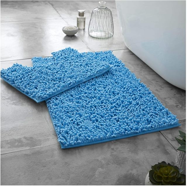 GC GAVENO CAVAILIA Turqouise Bath Mats For Bathroom Sets 2 Piece, Quick Dry & Fast Absorbent Pedestal Mat Shaggy Rug, Plush Microfiber Chenille Loop BathMat, Non Slip Shower Toilet Mat