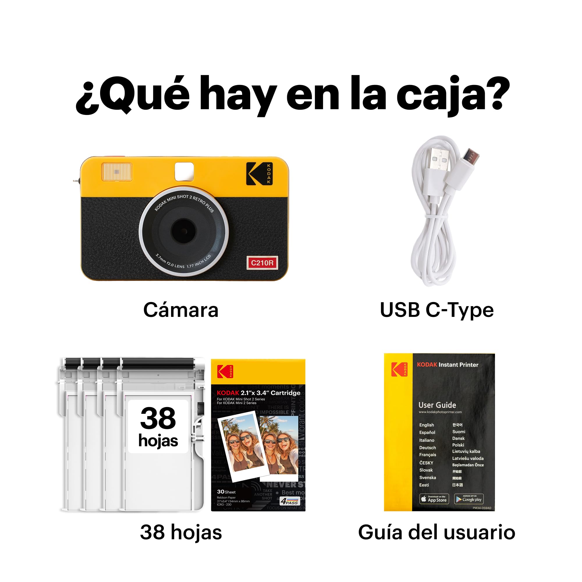 KODAK Mini Shot 2 Retro 4PASS 2-en-1 Cámara Instantánea e Impresora de Fotos (5,3x8,6cm) + Pack con 38 Hojas, Blanco