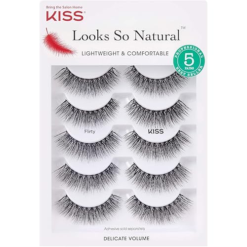 KISS Looks So Natural False Eyelashes Multipack, Lightweight & Comfortable, Tapered End Technology, Reusable, Cruelty-Free, Contact Lens Friendly, Style 'Flirty', 5 Pairs Fake Eyelashes