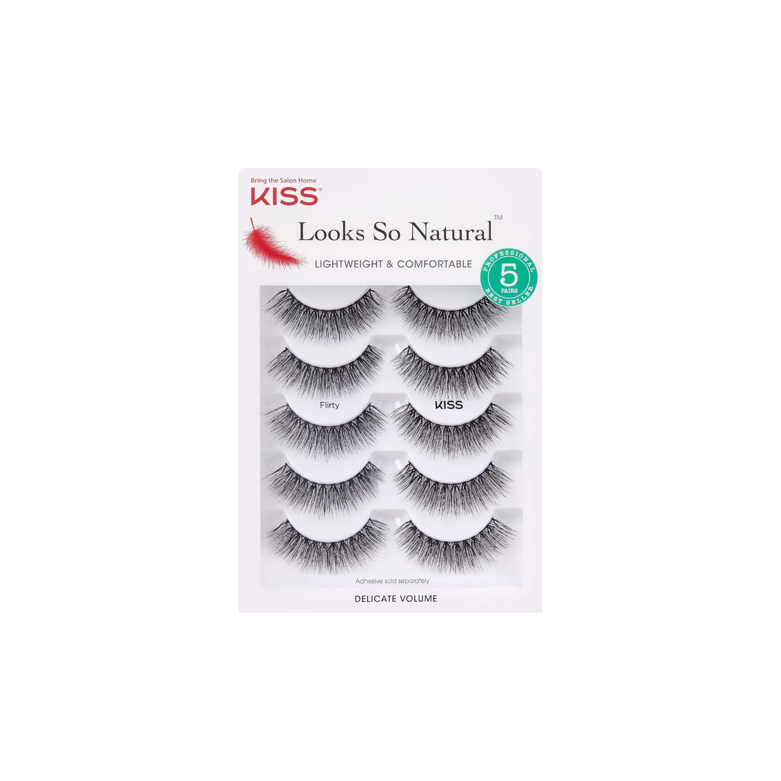 KISS Looks So Natural False Eyelashes Multipack, Lightweight & Comfortable, Tapered End Technology, Reusable, Cruelty-Free, Contact Lens Friendly, Style 'Flirty', 5 Pairs Fake Eyelashes