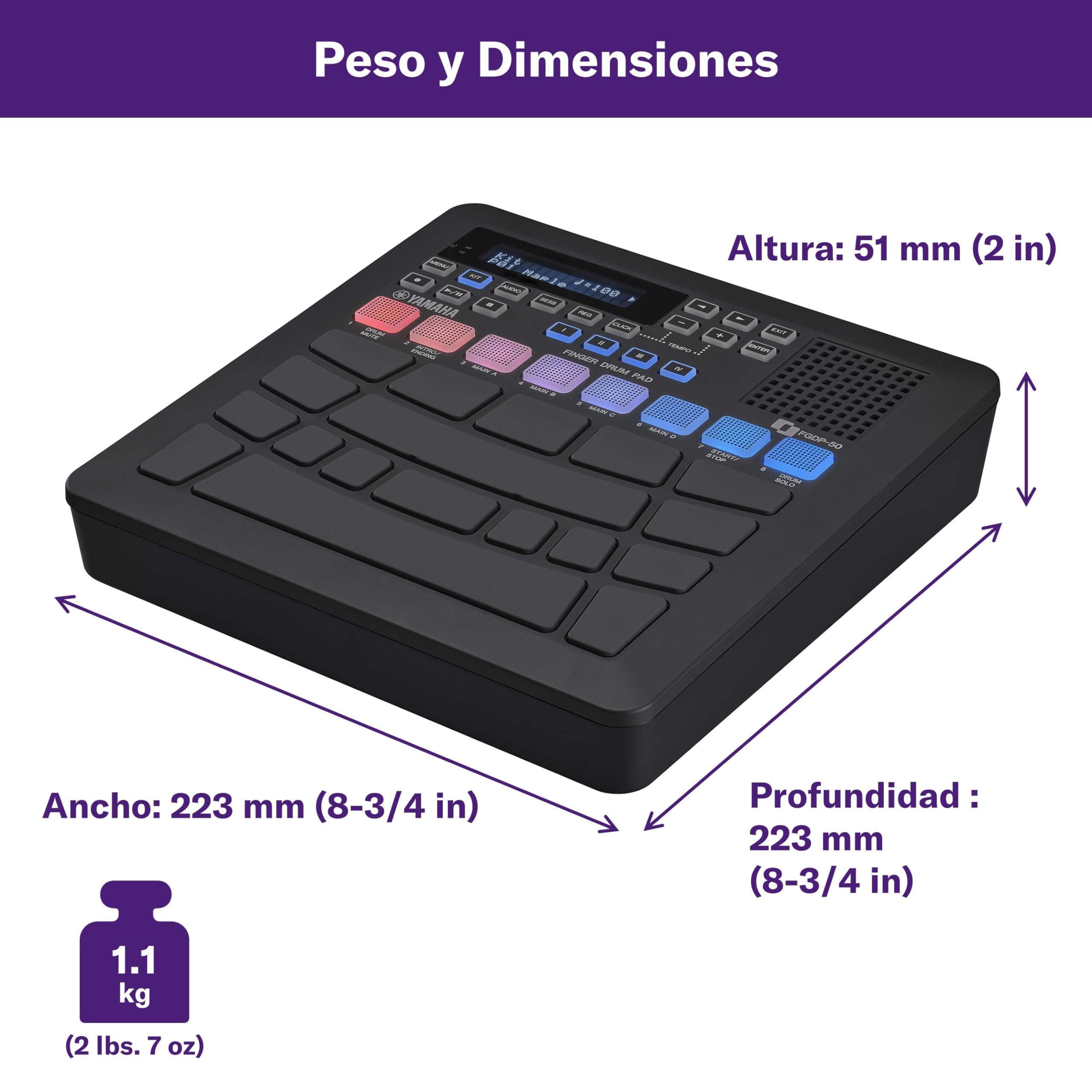 YAMAHA FGDP-50 Finger Drum Pad – Pad de Batería Electrónico Avanzado, Pads Ultra Sensibles, 48 Kits Preestablecidos, 1.500 Sonidos, Altavoz Incorporado, USB MIDI/Audio, Batería Recargable, Entrada AUX