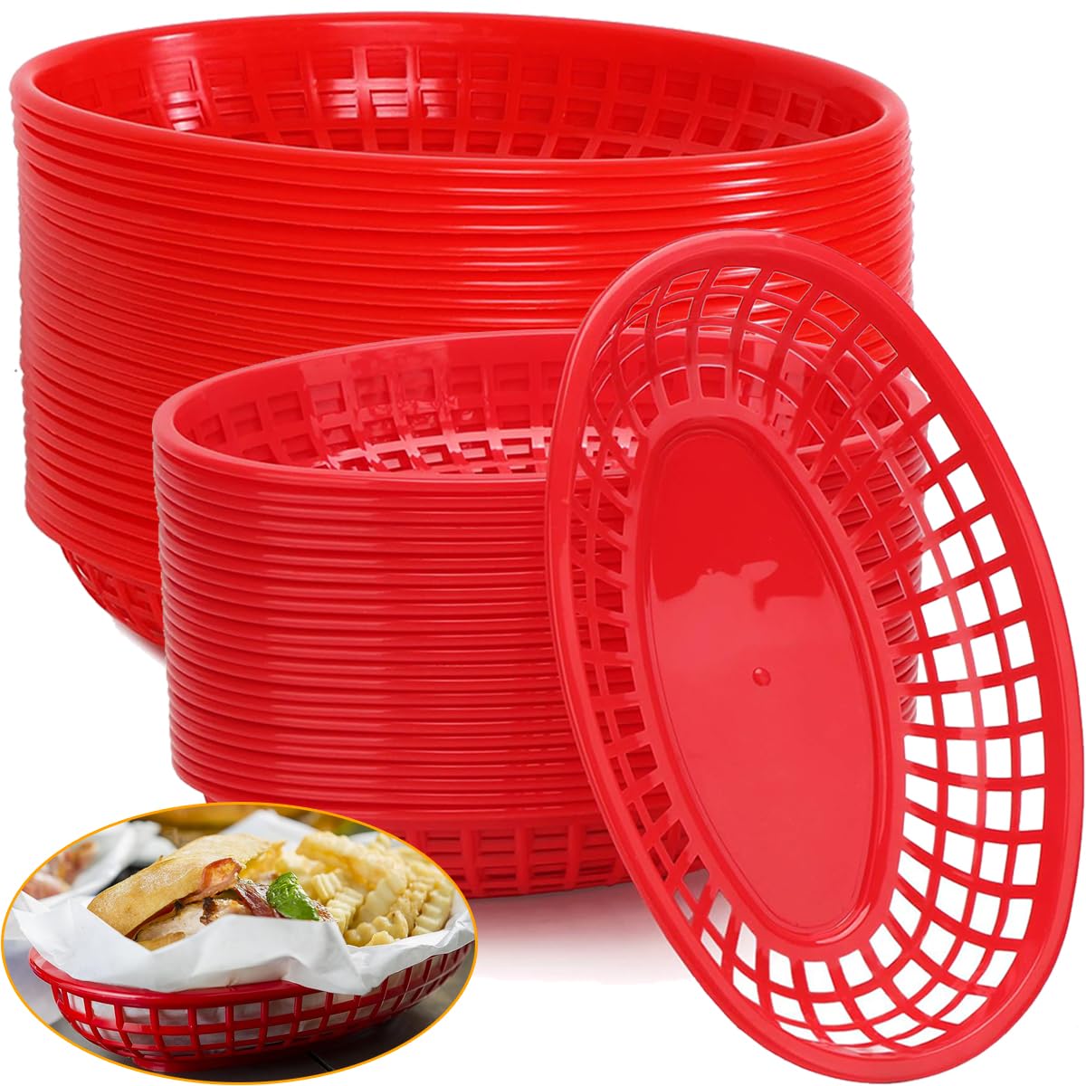 LOSYHU 50 Pack Red Plastic Bread Baskets 9" x 5.7" Oval Fry Fast Food Baskets, Plastic Food Serving Baskets for Fast Food Restaurant Supplies, Deli Serving, Chicken, Burgers, Sandwiches, Fries