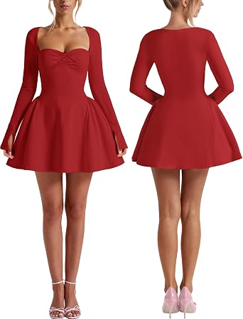 ISZPLUSH Womens Long Sleeve A-line Mini Dress Bow Sweetheart Neck Pleated Elegant Formal Slim Fit Party Short Dresses