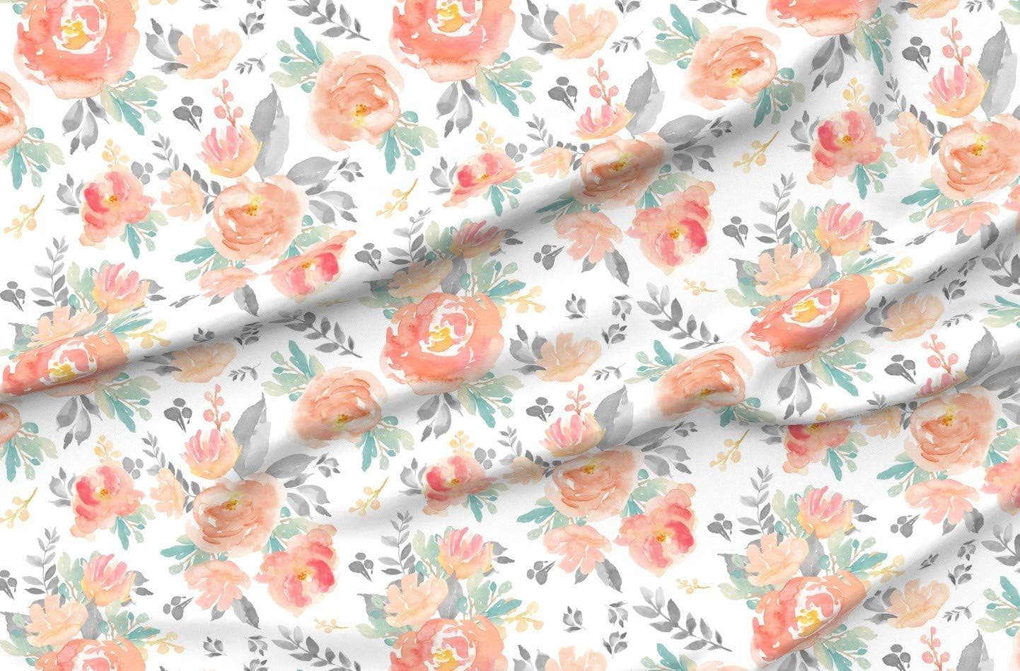 Spoonflower Fabric - Floral Flowers Boho Peach Pink Mint Whimsical Girl Garden Spring Printed on Organic Cotton Sateen Fabric by The Yard - Sewing Quilting Apparel Home Decor