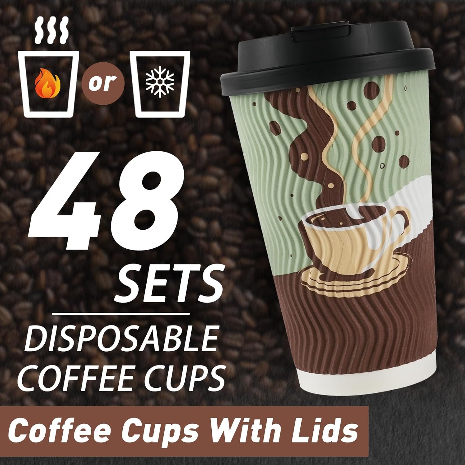 48 pack 16 oz Disposable Coffee Cups with Lids, Corrugated Ripple Wall Insulated Paper Cups for Winter Cahristmas Hot Cold Drink, Home, Office, Coffee Bar - Image 3