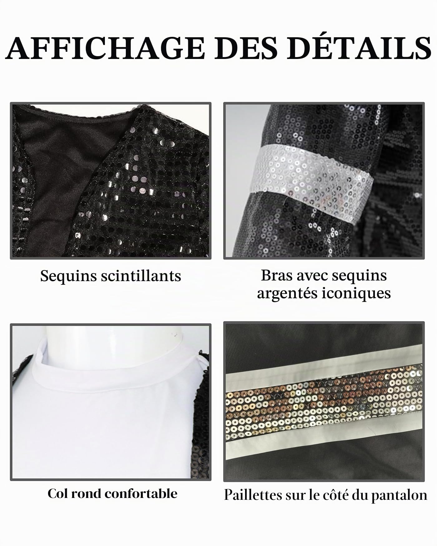 Costume de Michael de la danse pour enfants, garçons et filles – Veste à paillettes noires, pantalon, chapeau, gants à paillettes, tenue d'Halloween pour enfants des années 80 et 90