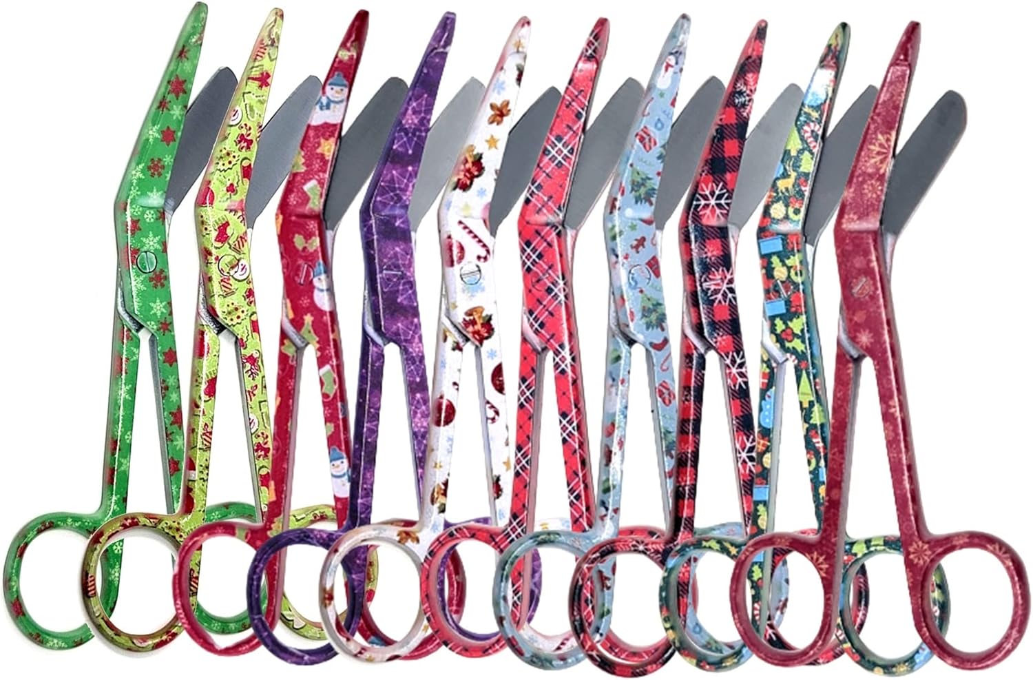 Christmas Gift Set of 10 Assorted Xmas Pattern Nurse Doctor Lister Bandage Scissors 5.5" (14cm), RN LPN Veterinary Technician Stainless Steel, Premium Quality-Ideal