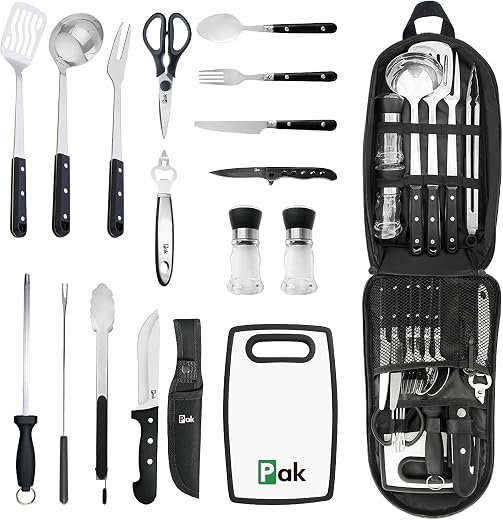 Pak Camping Cookware, Camp Kitchen, Camp Cooking Set, 24-Pcs, Stainless Steel, Black, Deluxe Kit