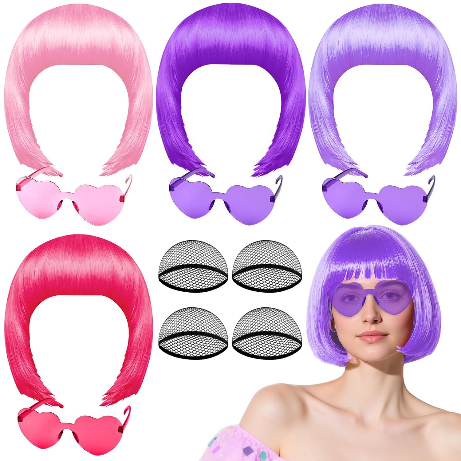 PLULON 4 Pcs Colorful Bob Wigs with Heart Plastic Sunglasses Hair Cap for Women, Neon Short Bob Wig Colored Funny Cosplay Hair for Women Men Daily Bachelorette Halloween Costume Party Decorations