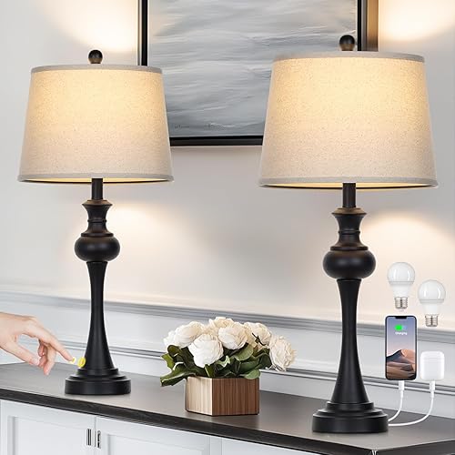 Miniatura 2 de Lámparas de mesa negras de 28.75 pulgadas, moderna lámpara de noche regulable de 3 vías con puertos USB A+C y salidas de CA para sala de estar,