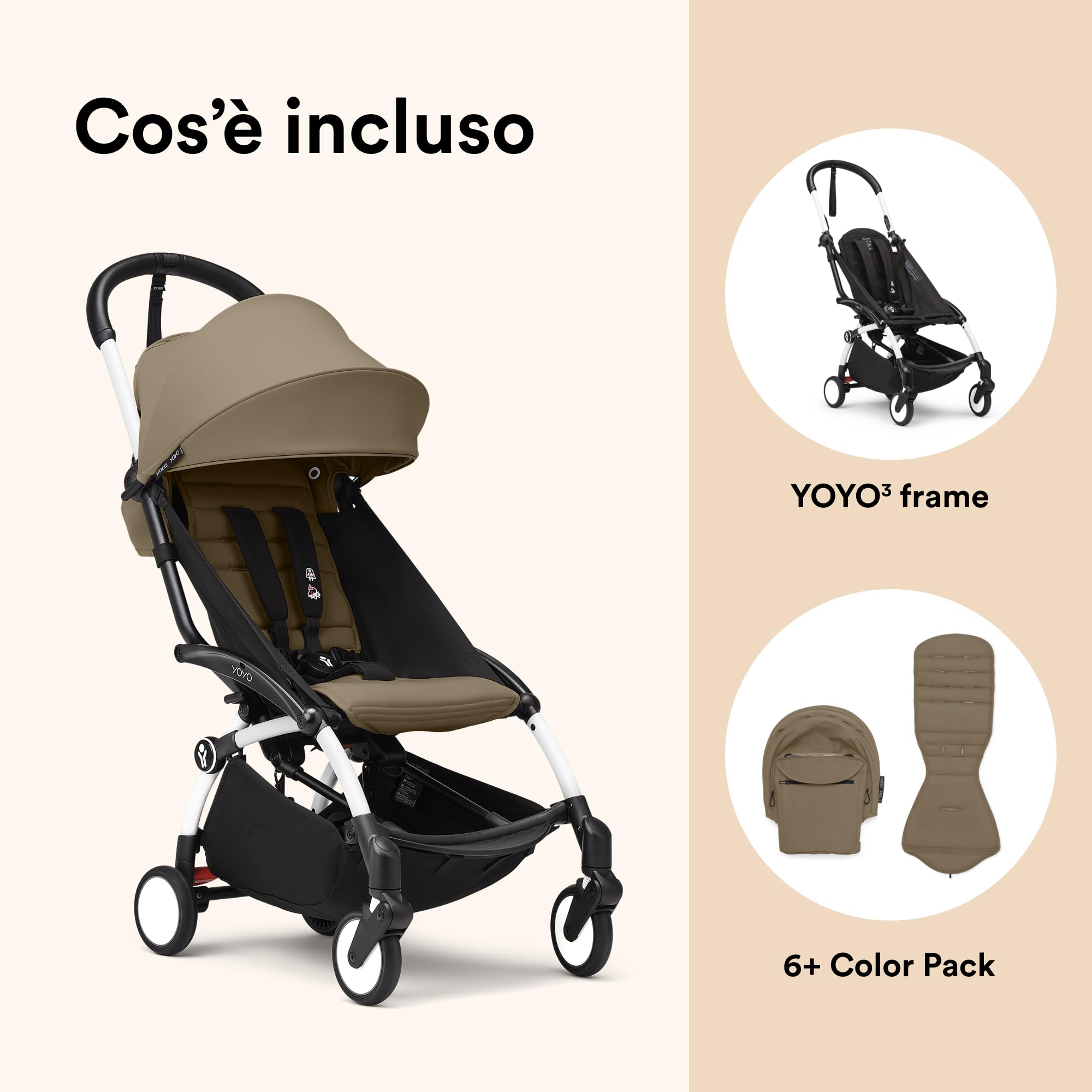 Passeggino Stokke YOYO3 6 mesi Telaio Bianco Cuscino Seduta Toffee Capottina Leggero Compatto Bagaglio a Mano