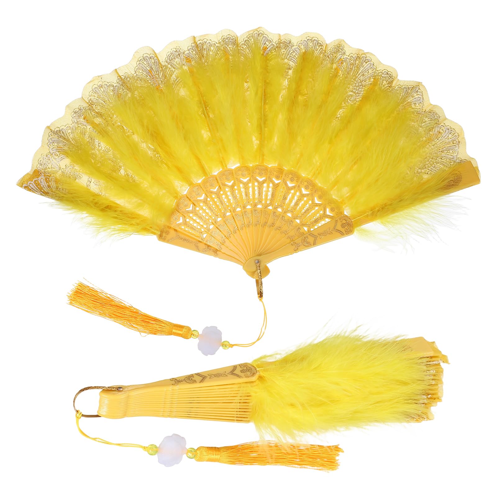 YELARXI Feather Hand Fan, Embroidered Flower Marabou Feather Fans, 20s Vintage Folding Fan Flapper -Fit For (Wedding/Dance Performance/Costume Dancing Show/Gift) 9" & 2Pcs & Yellow