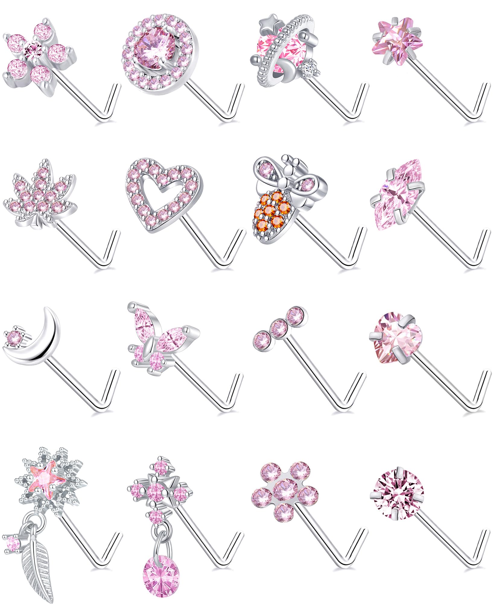 Wrlcorly 16Pcs 20G Nose Rings Studs Stainless Steel L Shaped Nose Stud CZ Butterfly Planet Star Leaf Bee Moon Heart Flower Dangle Piercing Jewelry for