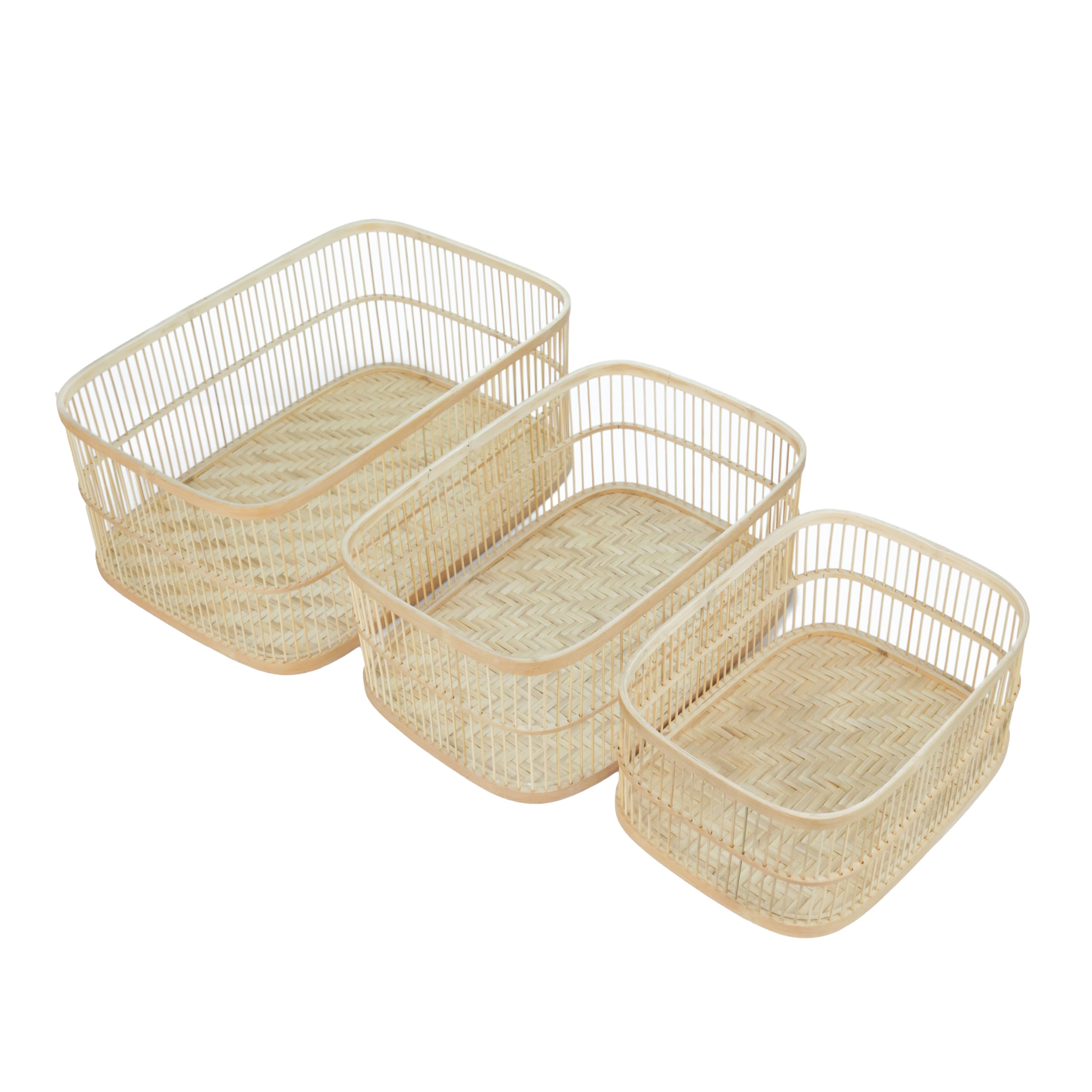 PEMAR Set of 3 Nesting Bamboo Storage Baskets, Decorative Organization Farmhouse Basket Bins, Rustic Boho Wicker Organiser for Living Room, Bedroom, Pantry Decor