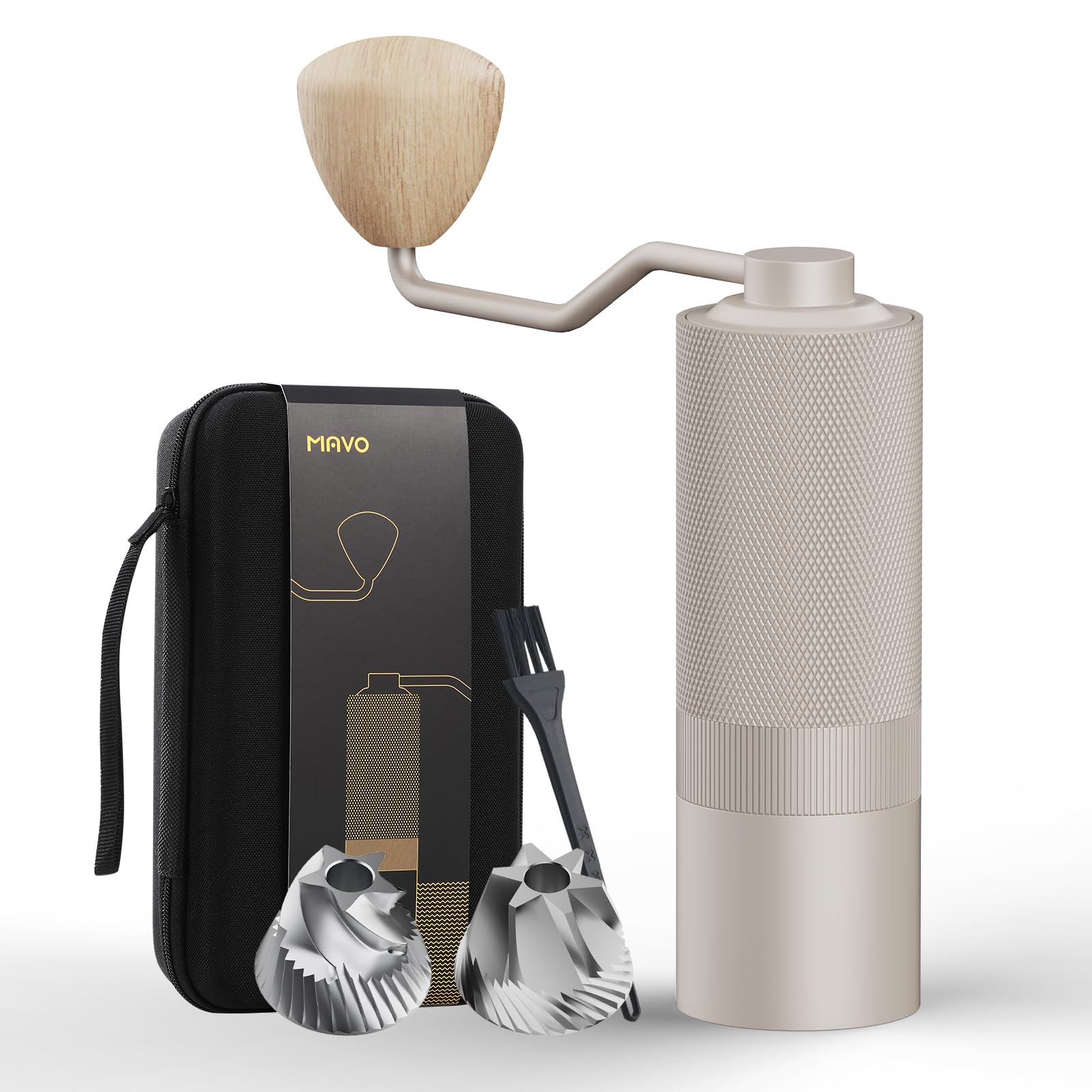 MAVO Manual Coffee Grinder, Wizard Hand Coffee Grinder, Capacity 25g with 2PCS CNC Stainless Steel Conical Burr -Pentagon and Hexagonal, Burr Coffee Bean Grinder for French Press, Pour Over, Silver
