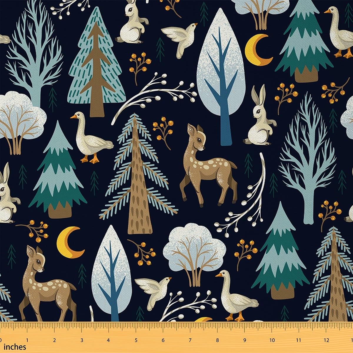 Retro Jungle Fabric by The Yard,Wild Deers Ducks Rubbits Wildlife DIY Waterproof Fabric,Watercolor Christmas Tree Pine Tree Decorative Outdoor,Outdoor Wild Plants Upholstery,2Yards