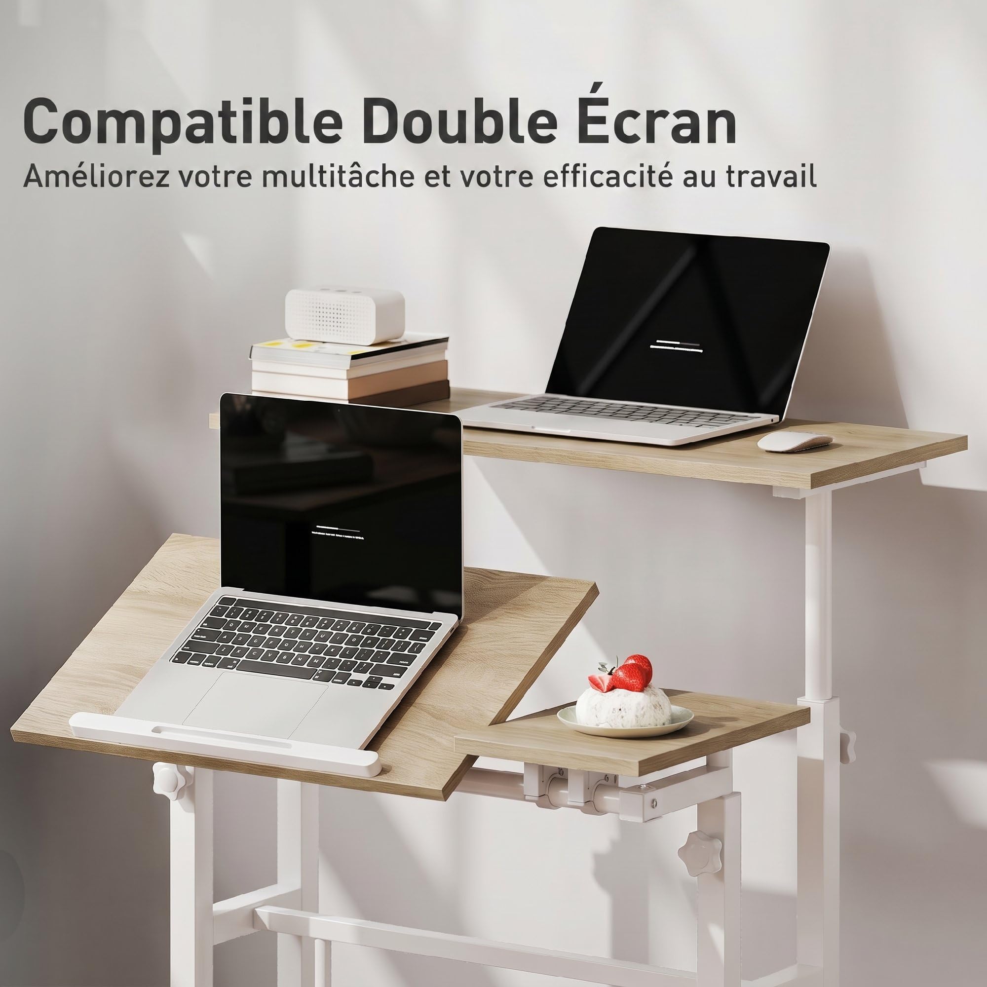 HOMCOM Scrivania sit-stand regolabile in altezza 70x60cm Bianco | Scrivania per computer su ruote, vassoio inclinabile, postazione di lavoro per camera da letto, piccoli spazi